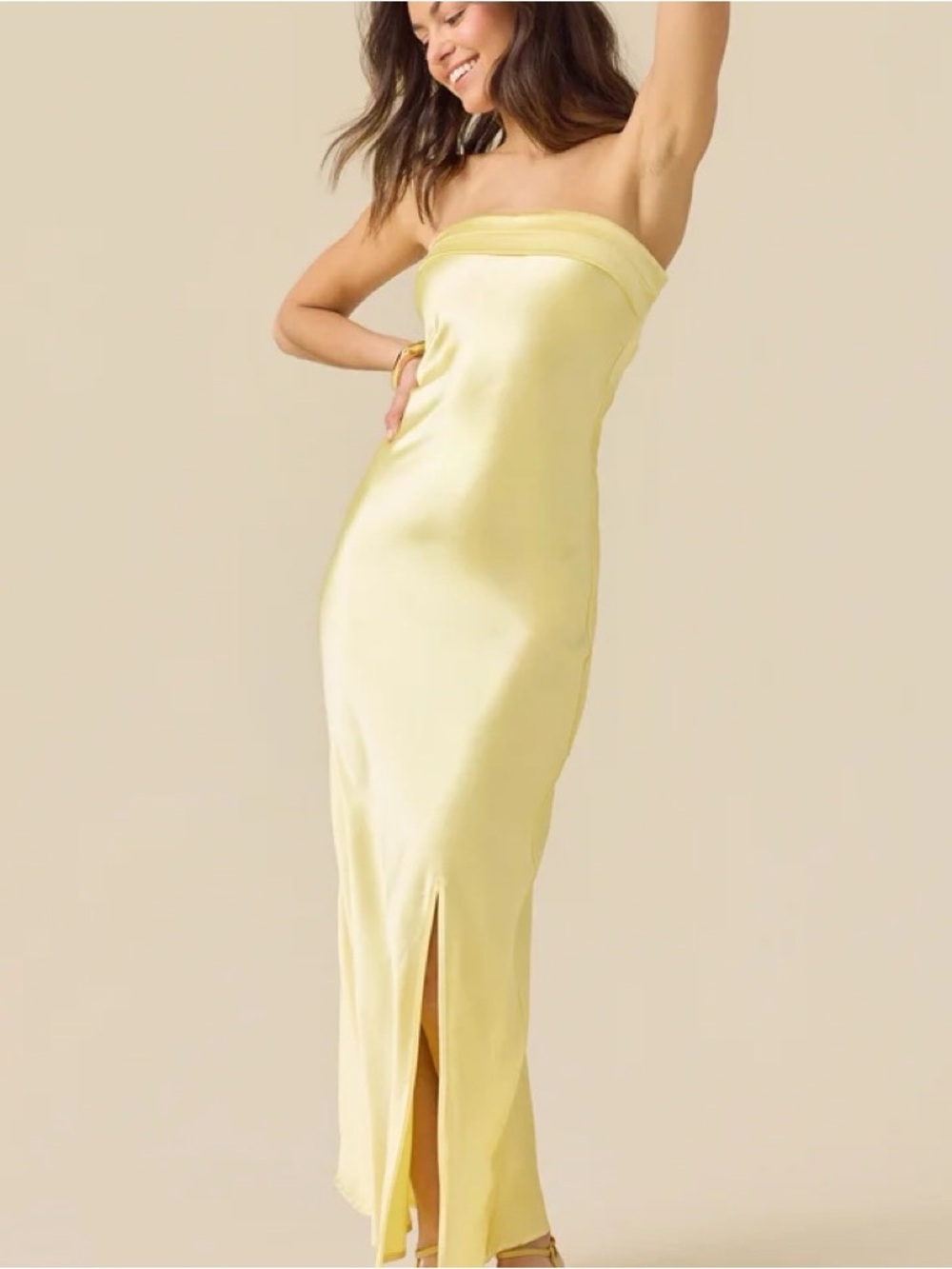 Altar'd State Strapless Satin Maxi Dress in Light Yellow